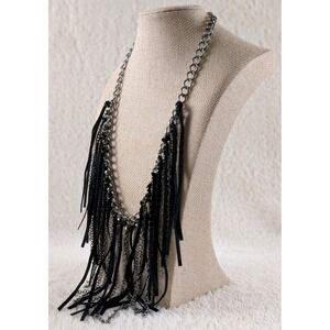 Black Fringe Chain Statement Necklace Silver Tone Boho Rocker Style